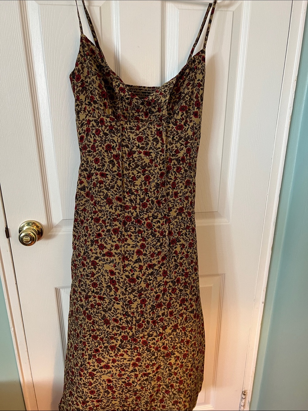 Floral Slip Dress in Olive with Red Accents